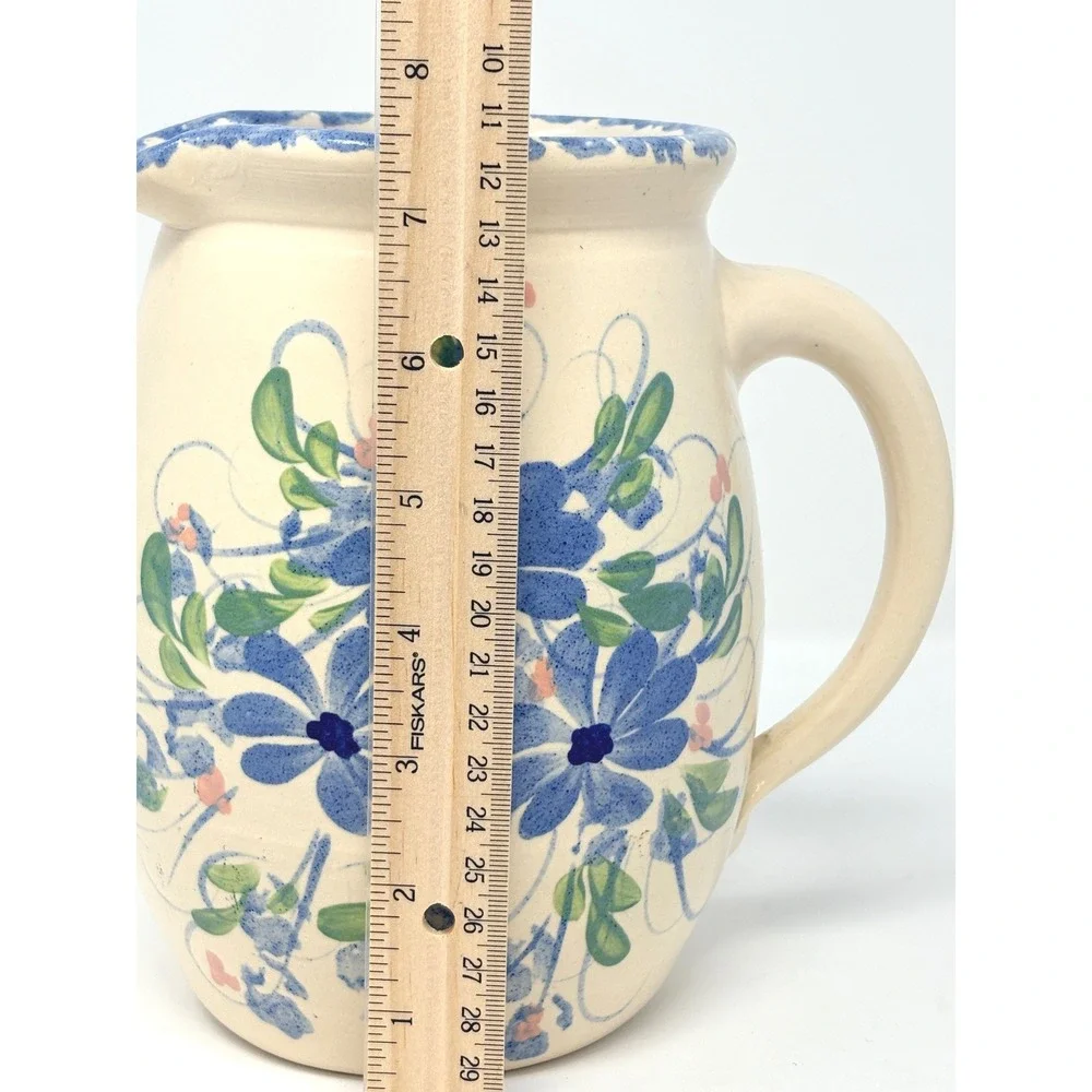 East Texas Pottery Blue Floral Hand Painted Ceramic Pitcher Marshall Texas 7.5in